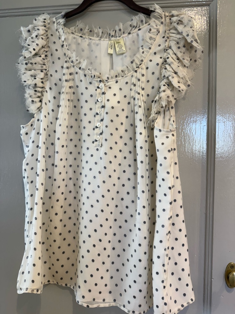 J CREW COLLECTION Silver & Cream Polka Dot Sleeveless Ruffle Top Size 14 NWT